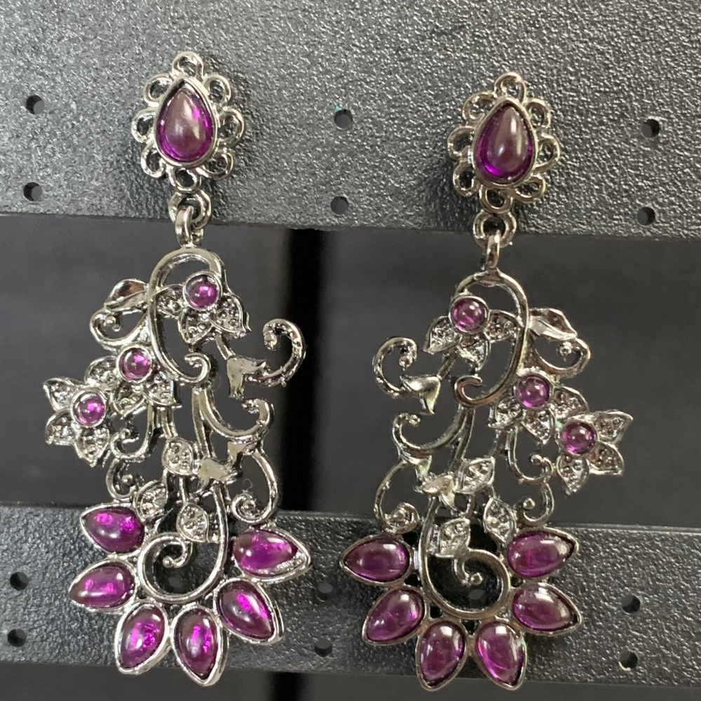 Purple Cabochon Gunmetal Floral Chandelier Statement Earrings Post Back 2 Inch